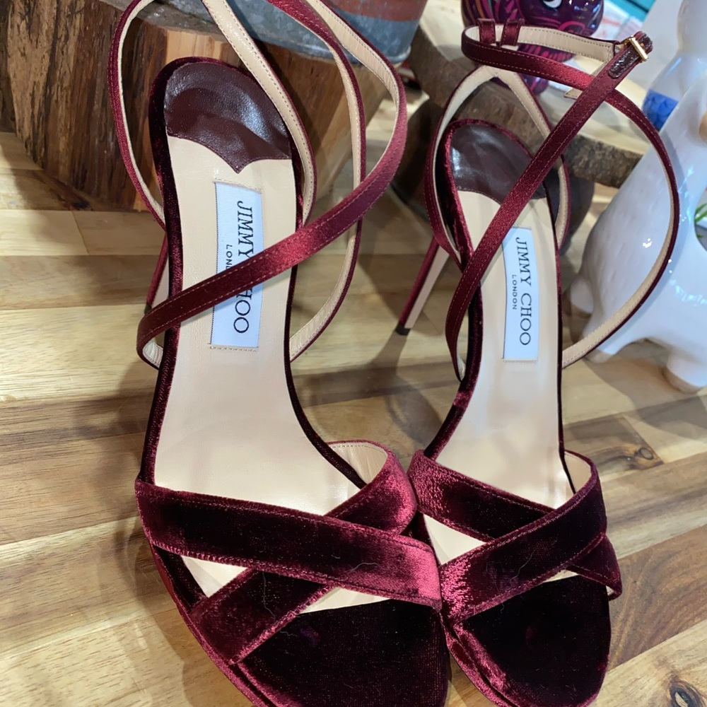 Jimmy Choo Burgundy Velvet And Satin Lola Cross Strap Sandals Size 39 - Picture 15 of 16